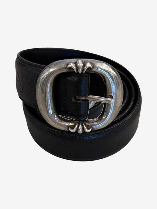 Chrome Hearts black leather Gunslinger belt with oversized sterling silver oval buckle and fleur-de-lis details