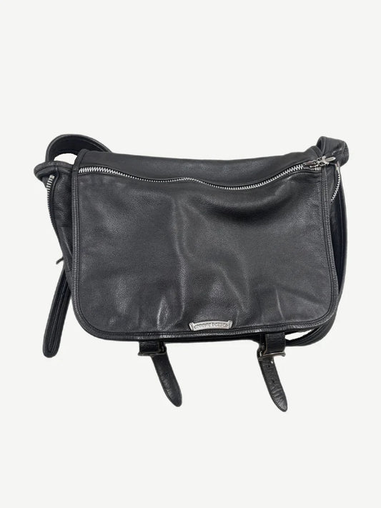 Chrome Hearts black leather Gunslinger messenger bag front with silver cross zipper pulls