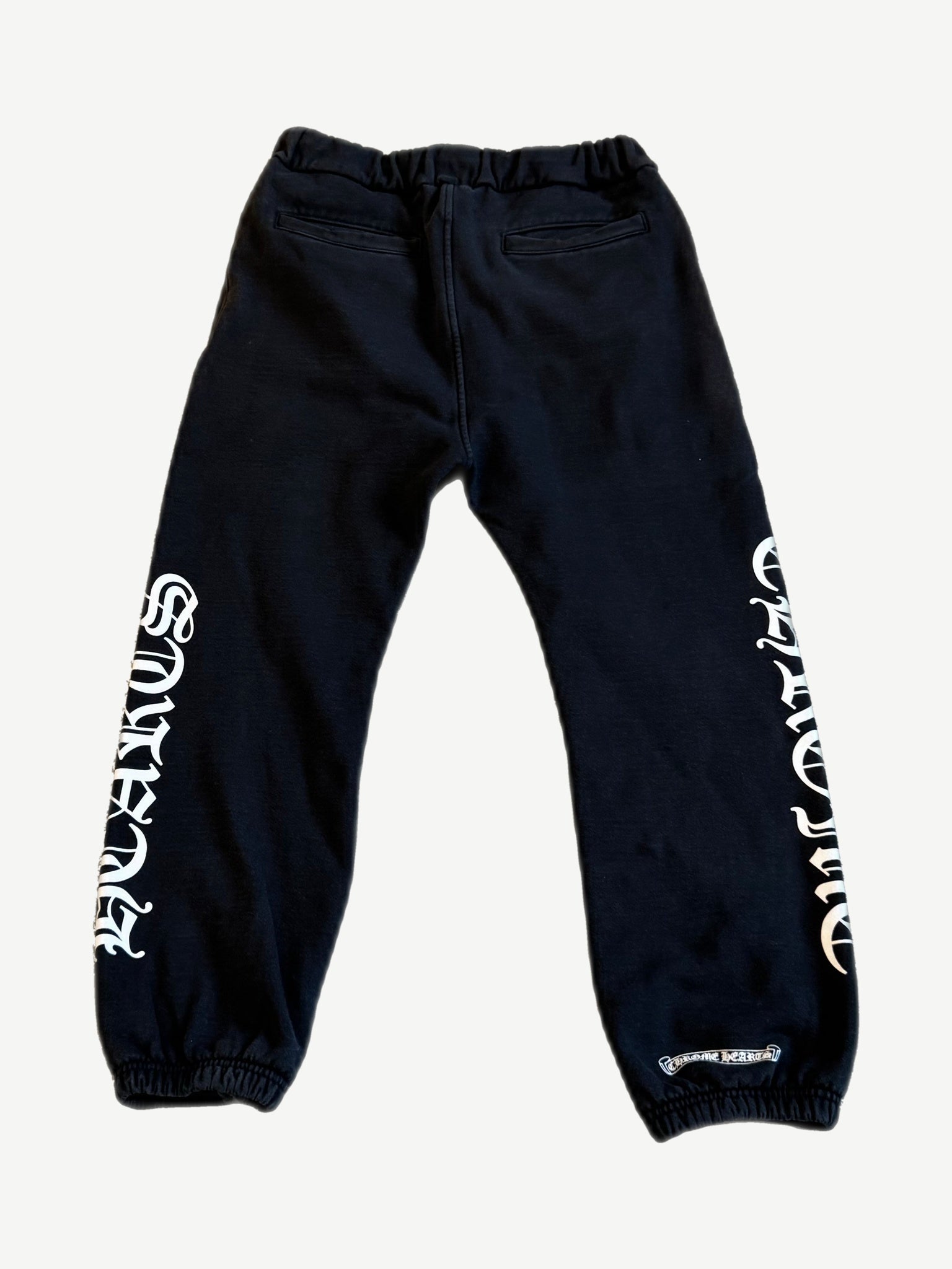 Chrome Hearts black sweatpants back view, horseshoe logo embroidery on cotton joggers
