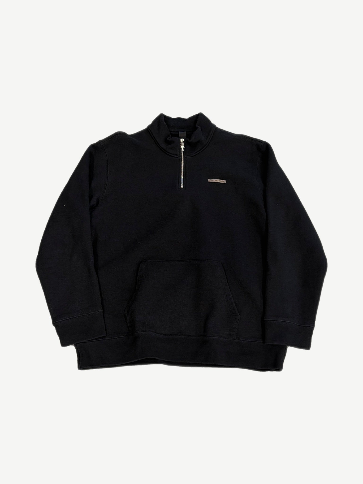 Chrome Hearts King Taco black quarter zip pullover front view with embroidered metal logo plate at chest