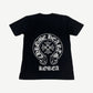 Back of Chrome Hearts black tee with large white horseshoe cross logo and Korea gothic text