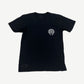 Chrome Hearts black pocket tee with white horseshoe logo on chest pocket and tonal CH hem print