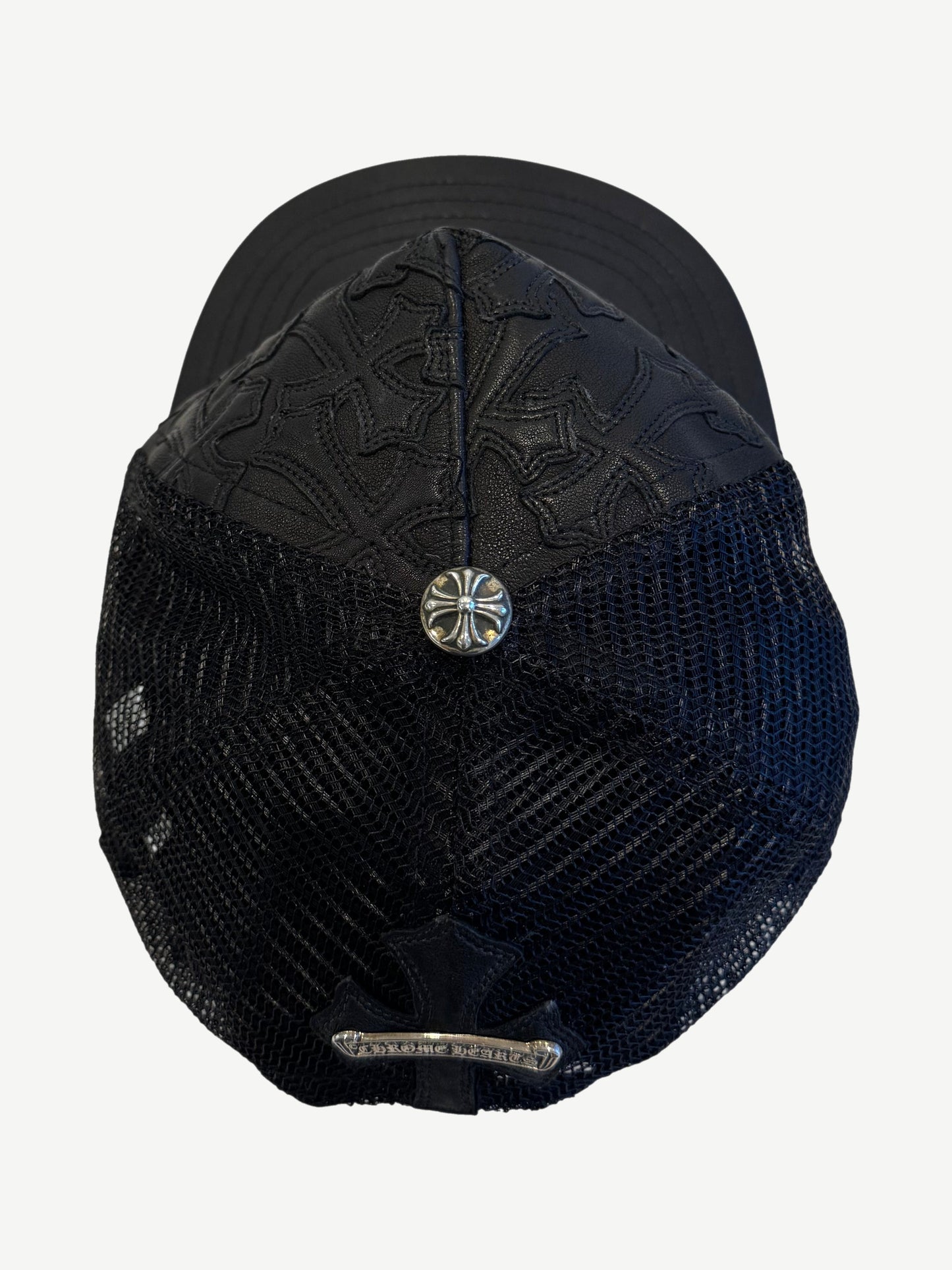 Chrome Hearts Black Leather Cross Patch Flooded Cemetery Trucker Hat