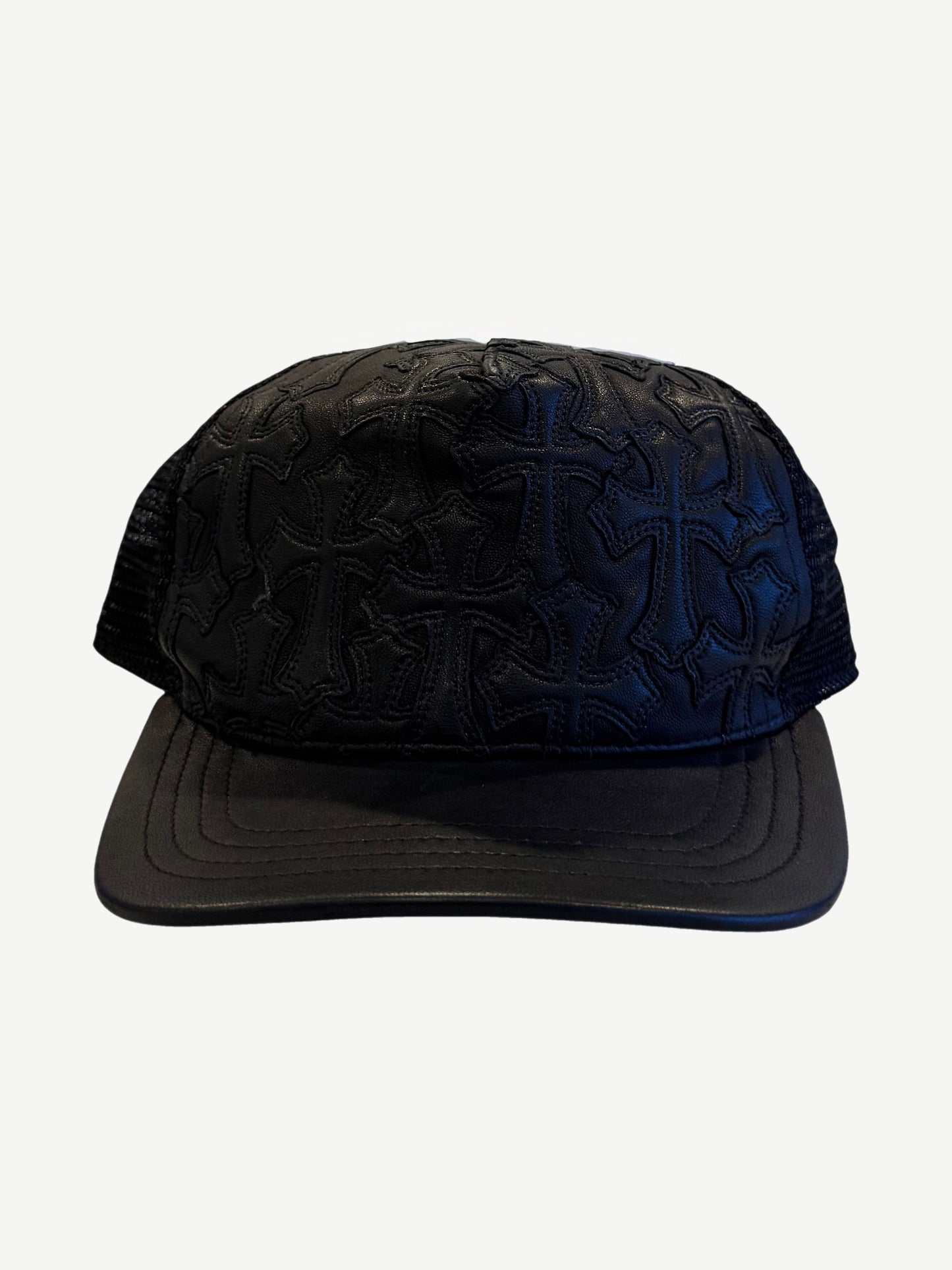 Chrome Hearts Black Leather Cross Patch Flooded Cemetery Trucker Hat