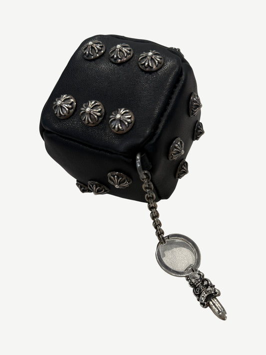 Chrome Hearts Black Leather Dice Studded Keychain with Dagger