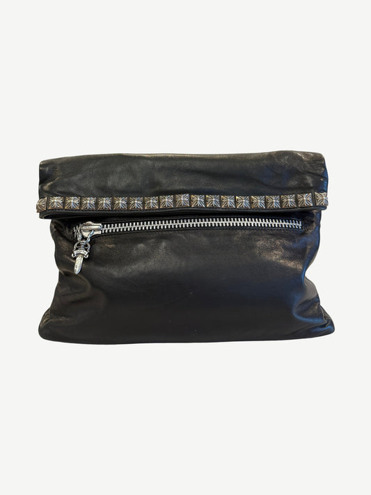 Chrome Hearts Black Leather Pyramid Studs Foldover Leather Clutch