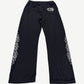 Back view of Chrome Hearts black mesh warm up sweatpants with CH gothic pocket logo and dagger leg embroidery