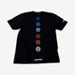 Chrome Hearts horseshoe tee back view with vertical multicolor horseshoe column and scroll banner.