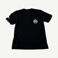 Chrome Hearts black tee front with white horseshoe pocket print and CH old English hem text.