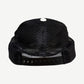 Chrome Hearts NYC CH trucker hat back view in black mesh with adjustable plastic snapback closure.