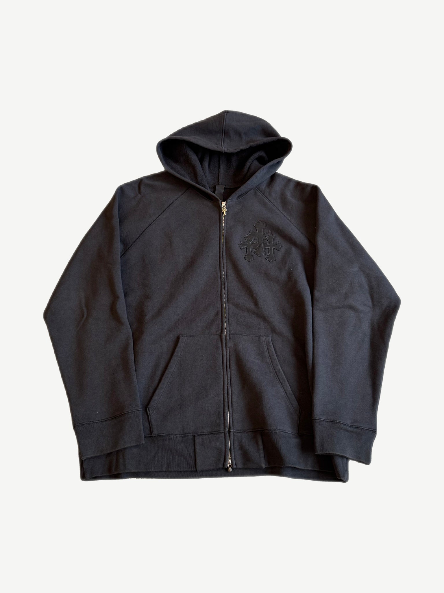 Chrome Hearts Paper Jam zip up hoodie in black with tonal triple cross chest patch and gold zipper.