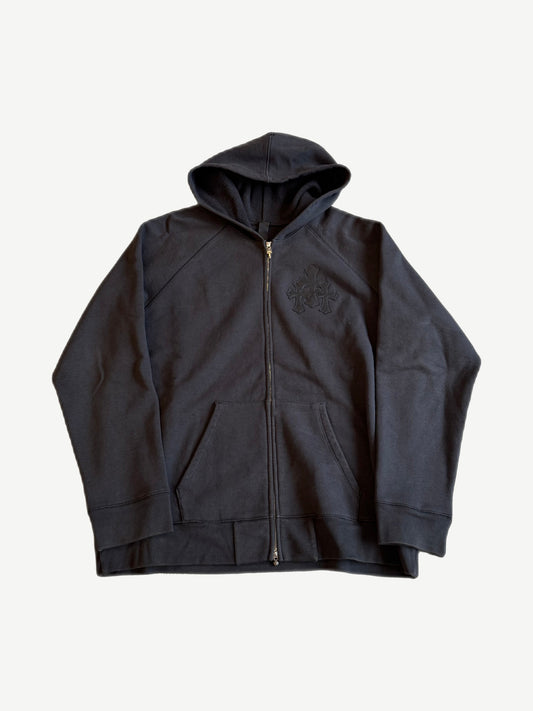 Chrome Hearts Paper Jam zip up hoodie in black with tonal triple cross chest patch and gold zipper.