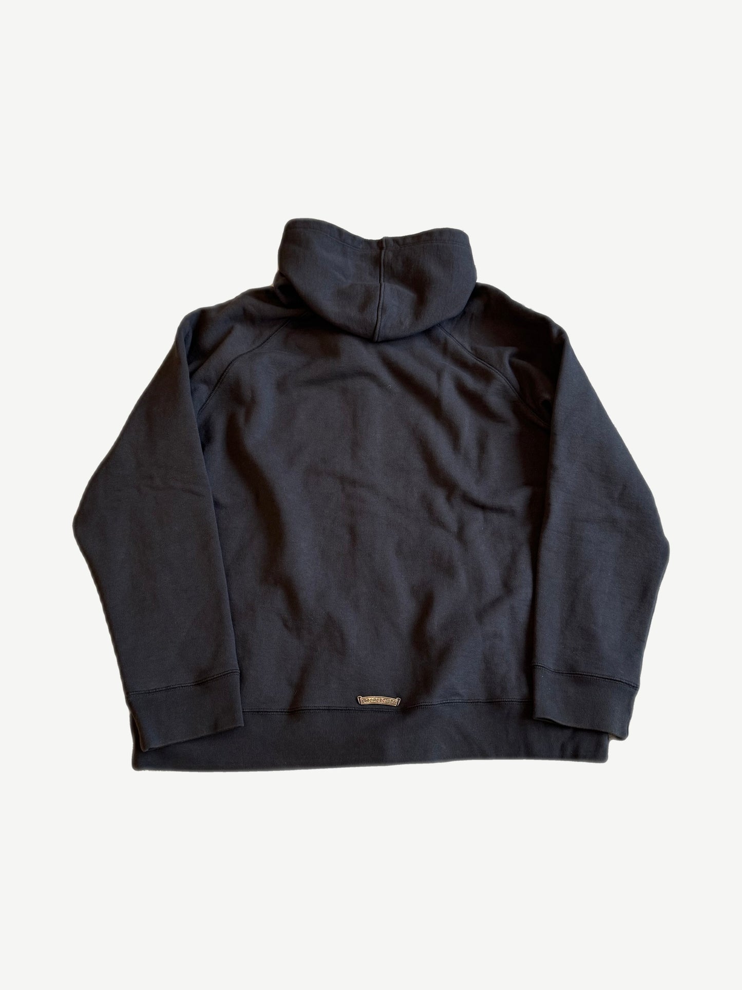 Chrome Hearts Paper Jam zip up back view in black cotton with embroidered logo tab at hem.