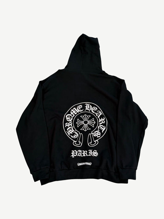 Chrome Hearts Paris horseshoe hoodie back in black with large white horseshoe logo and gothic Paris text