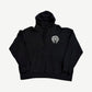 Chrome Hearts Paris horseshoe hoodie front in black with embroidered white horseshoe logo on left chest