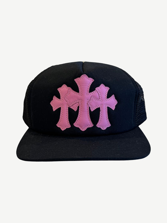 Chrome Hearts Black Pink Cemetery Cross Patch Trucker Hat