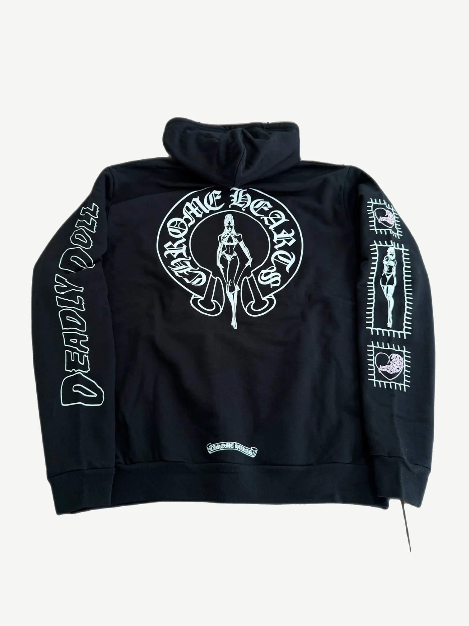 Chrome Hearts black Deadly Doll zip up back with pinup horseshoe graphic and gothic logo print