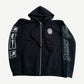 Chrome Hearts black zip up hoodie with pink dagger chest logo and Deadly Doll printed sleeve panels
