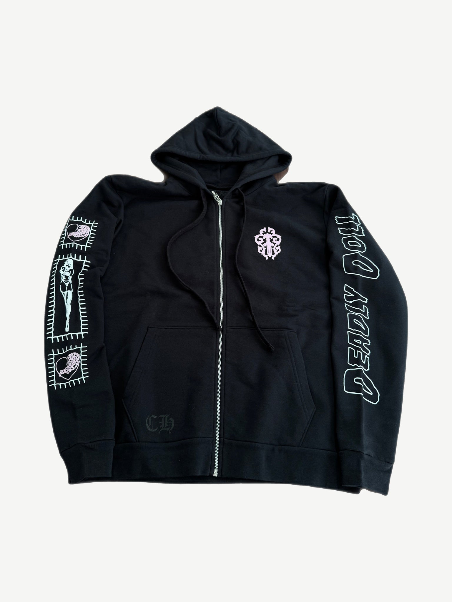 Chrome Hearts black zip up hoodie with pink dagger chest logo and Deadly Doll printed sleeve panels