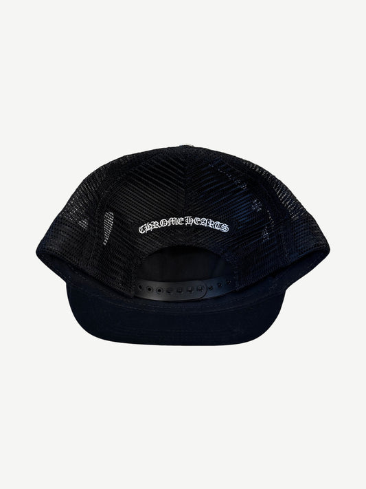 Chrome Hearts black trucker hat back with mesh panels, embroidered Chrome Hearts script, snapback.