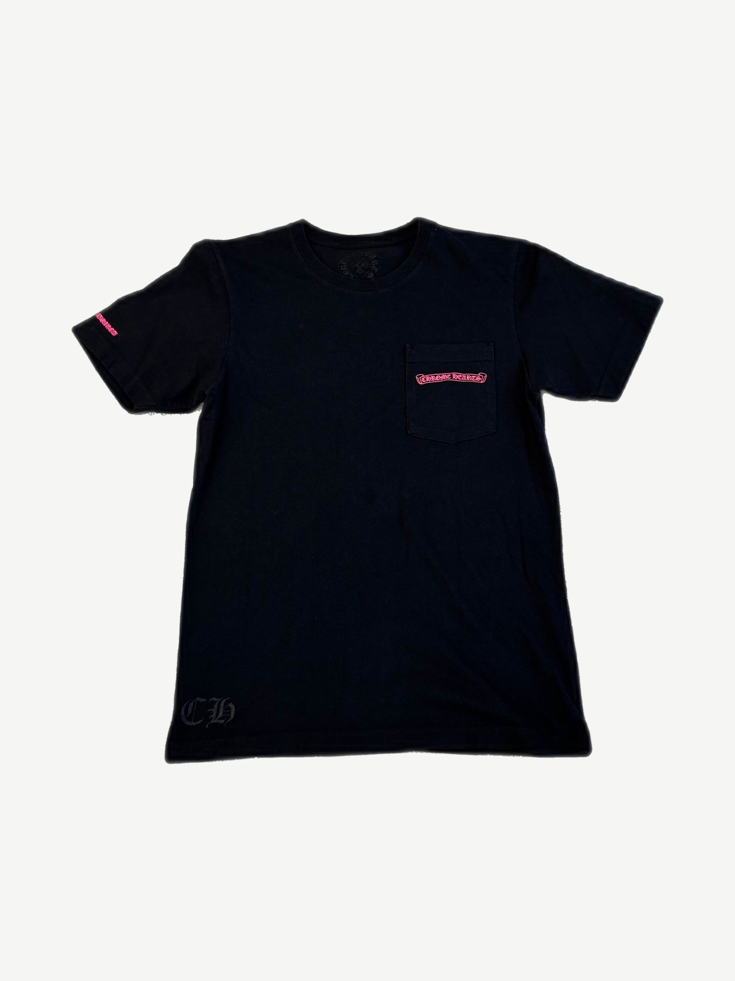 Chrome Hearts black pocket tee front with pink Chrome Hearts scroll logo on chest pocket