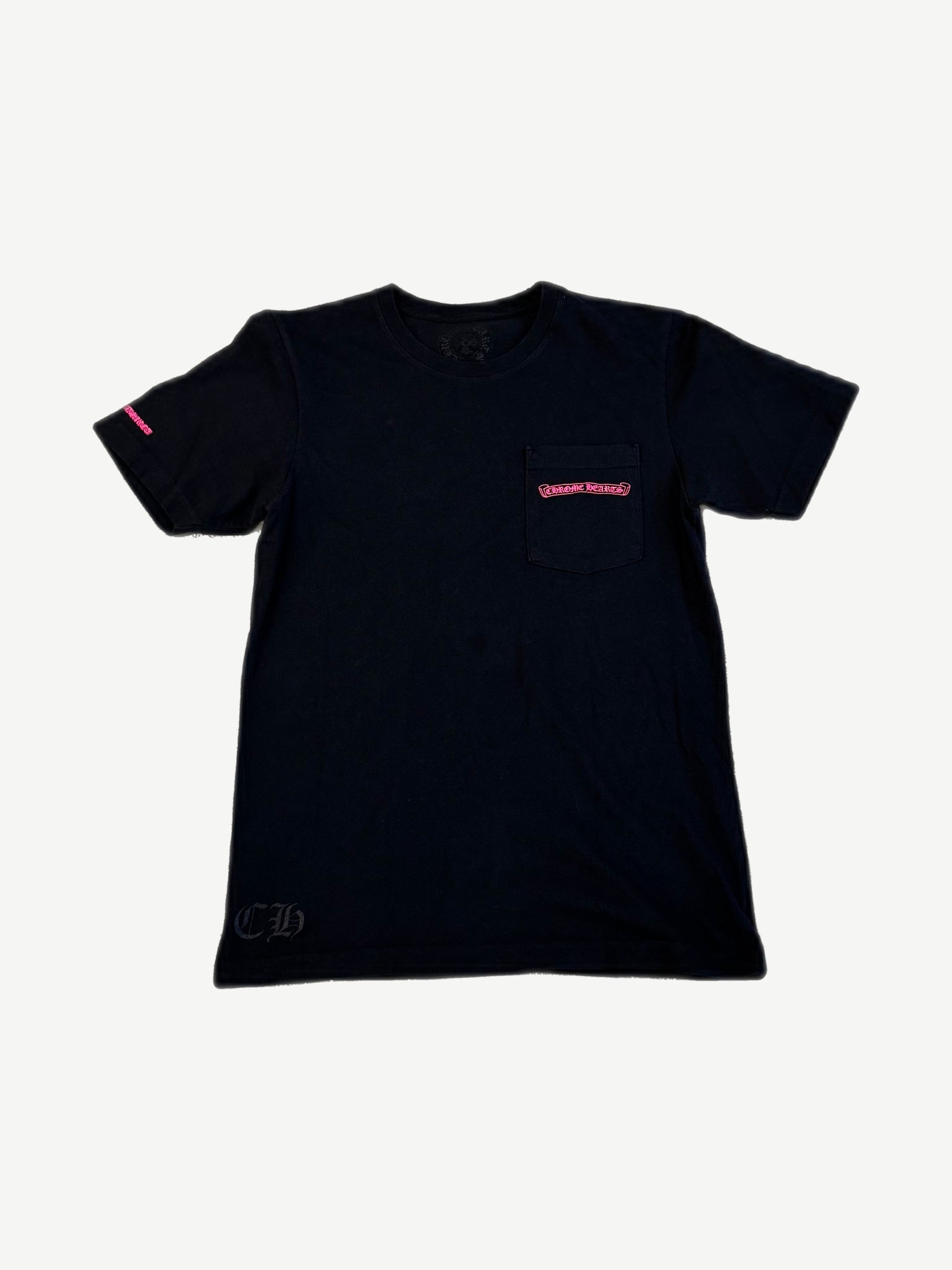 Chrome Hearts black pocket tee front with pink Chrome Hearts scroll logo on chest pocket