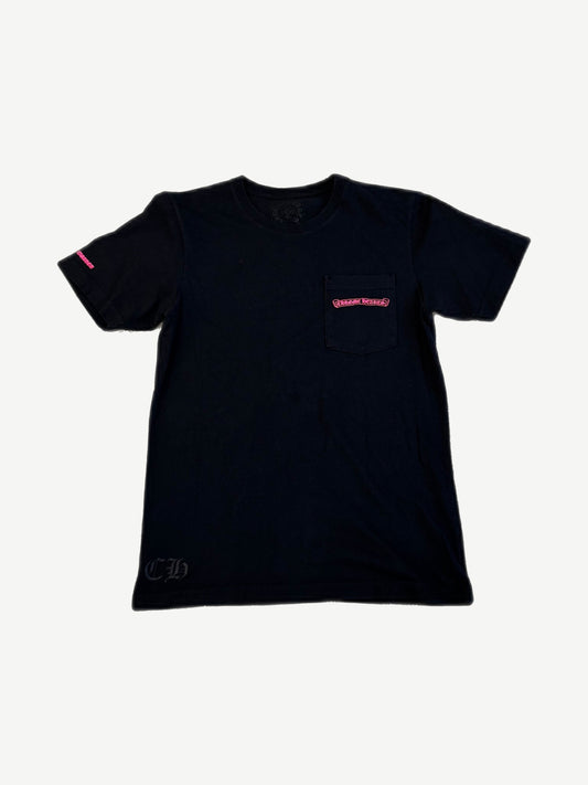 Chrome Hearts black pocket tee front with pink Chrome Hearts scroll logo on chest pocket