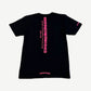 Chrome Hearts black tee back with pink Made in Hollywood California vertical spine print and scroll logo