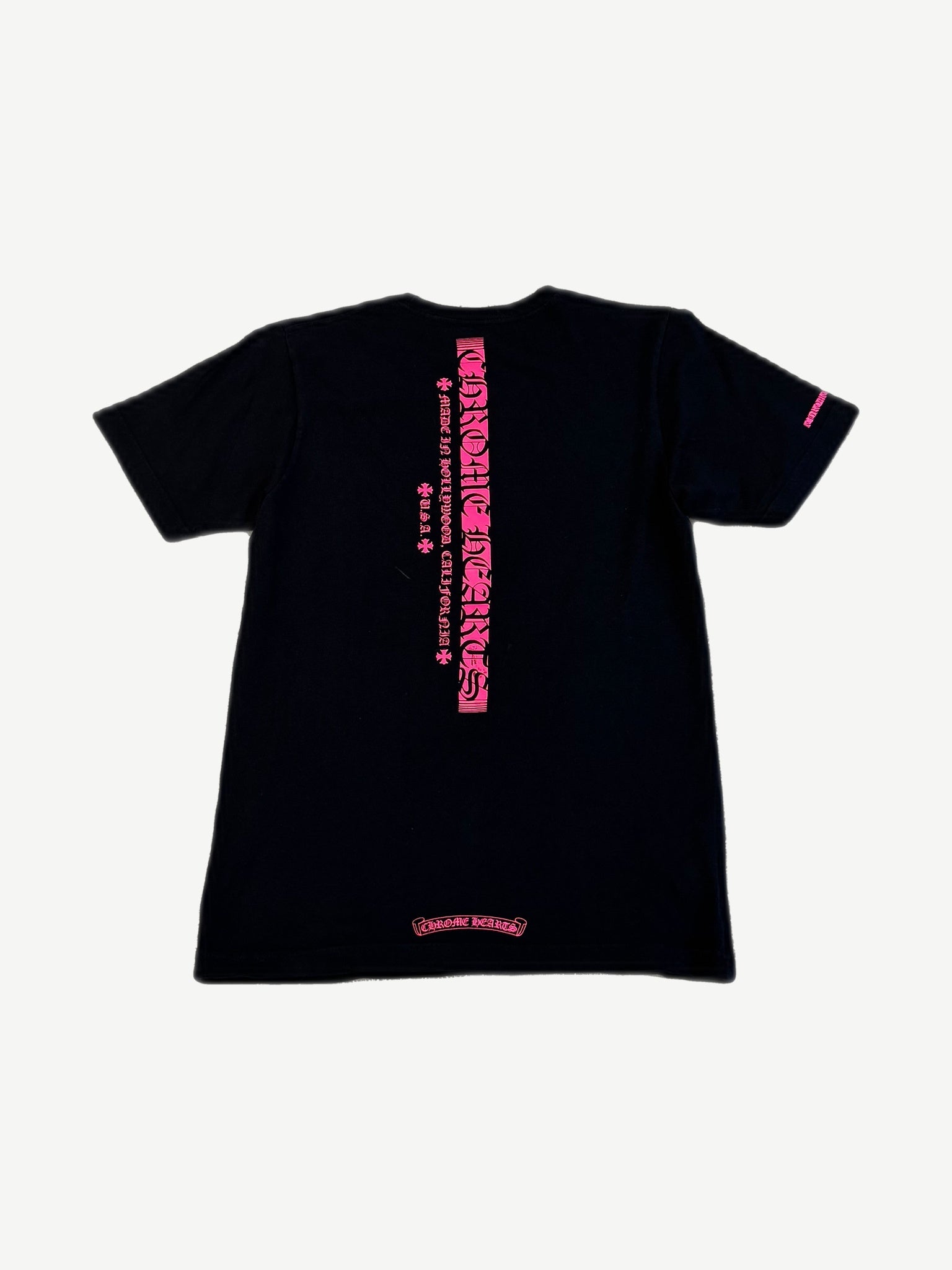 Chrome Hearts black tee back with pink Made in Hollywood California vertical spine print and scroll logo