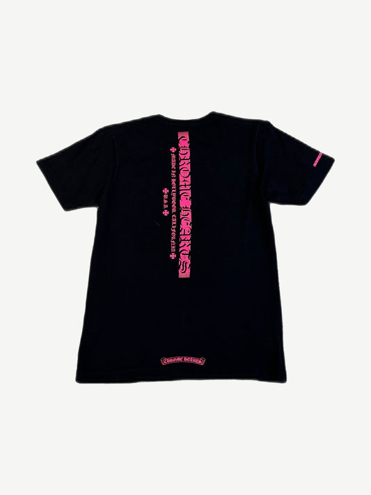 Chrome Hearts black tee back with pink Made in Hollywood California vertical spine print and scroll logo