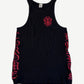 Chrome Hearts black ribbed tank top with red dagger chest logo and gothic side-print lettering down each side
