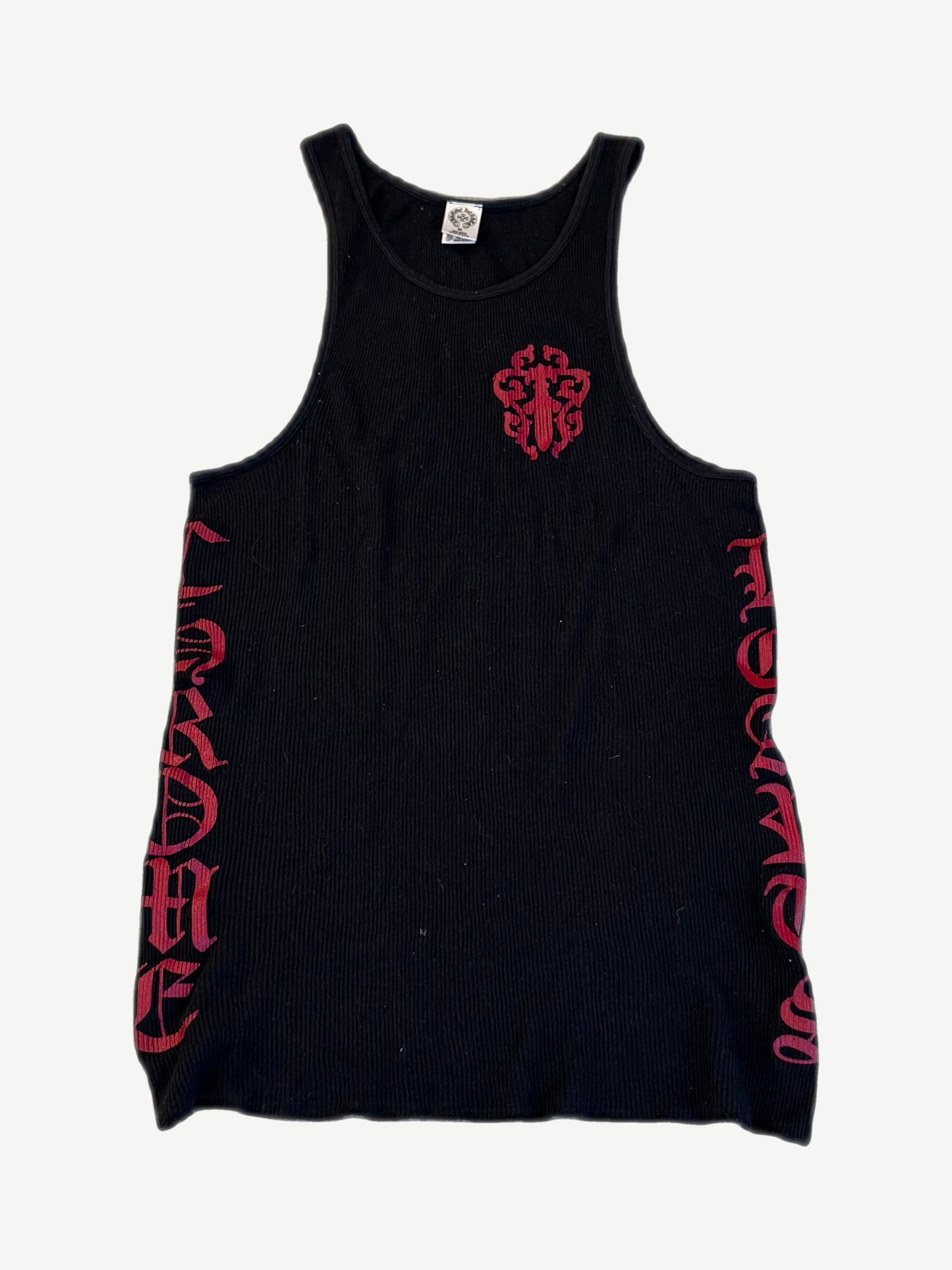 Chrome Hearts black ribbed tank top with red dagger chest logo and gothic side-print lettering down each side