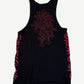 Back of Chrome Hearts black ribbed tank with red Cemetery cross cluster print and gothic side text