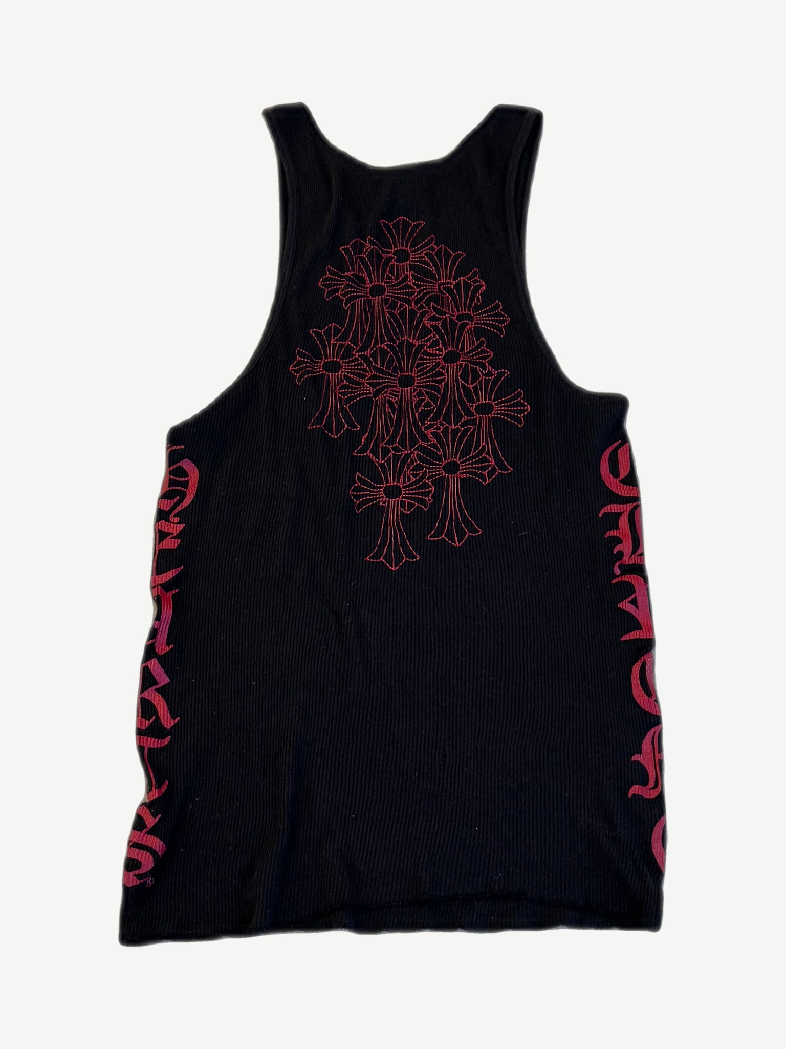 Back of Chrome Hearts black ribbed tank with red Cemetery cross cluster print and gothic side text