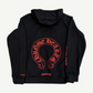 Chrome Hearts black hoodie back with large red gothic Chrome Hearts horseshoe outline print across the shoulders.