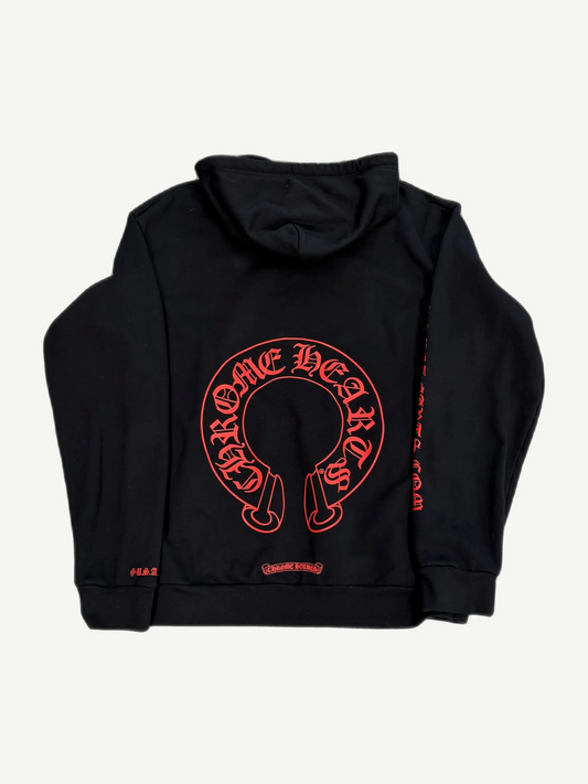 Chrome Hearts black hoodie back with large red gothic Chrome Hearts horseshoe outline print across the shoulders.