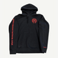 Chrome Hearts black pullover hoodie front with red horseshoe chest logo and red Chrome Hearts dot com print down sleeve.