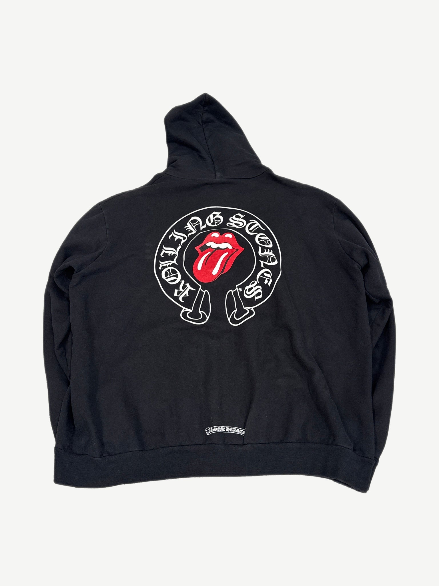 Back of Chrome Hearts Rolling Stones Horseshoe black hoodie with large CH cross and tongue logo print.