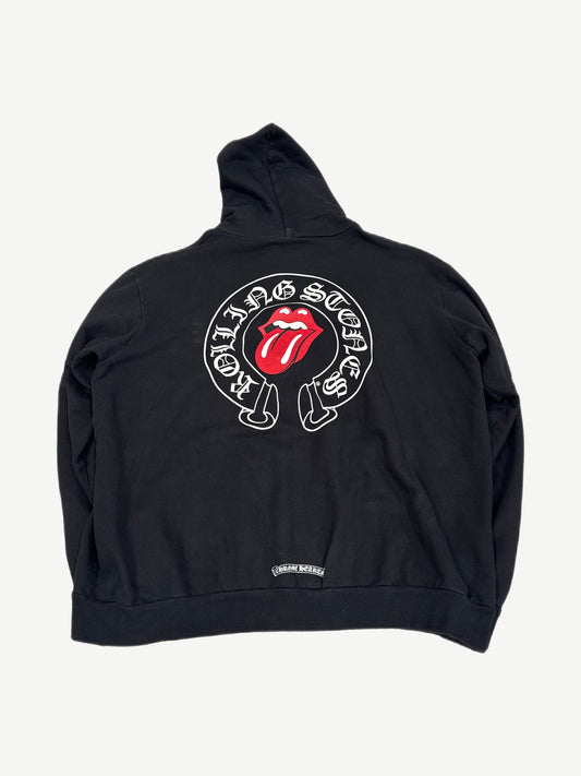 Back of Chrome Hearts Rolling Stones Horseshoe black hoodie with large CH cross and tongue logo print.