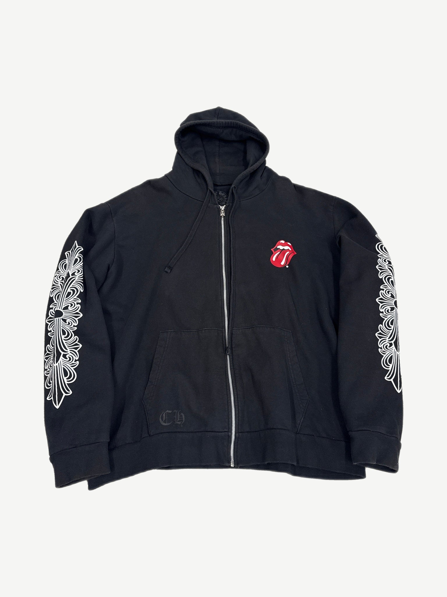 Chrome Hearts Rolling Stones Horseshoe zip-up hoodie in black with embroidered front graphic and zip closure.