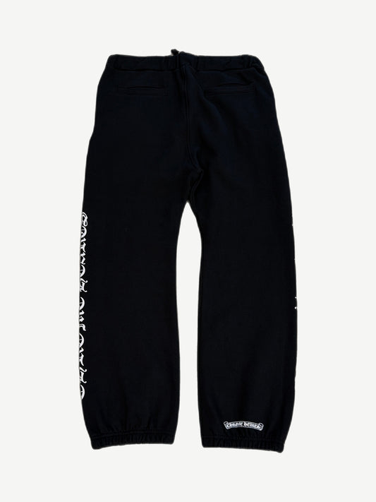 Chrome Hearts black scroll logo sweatpants back, gothic side print, welt pockets and scroll logo at ankle.