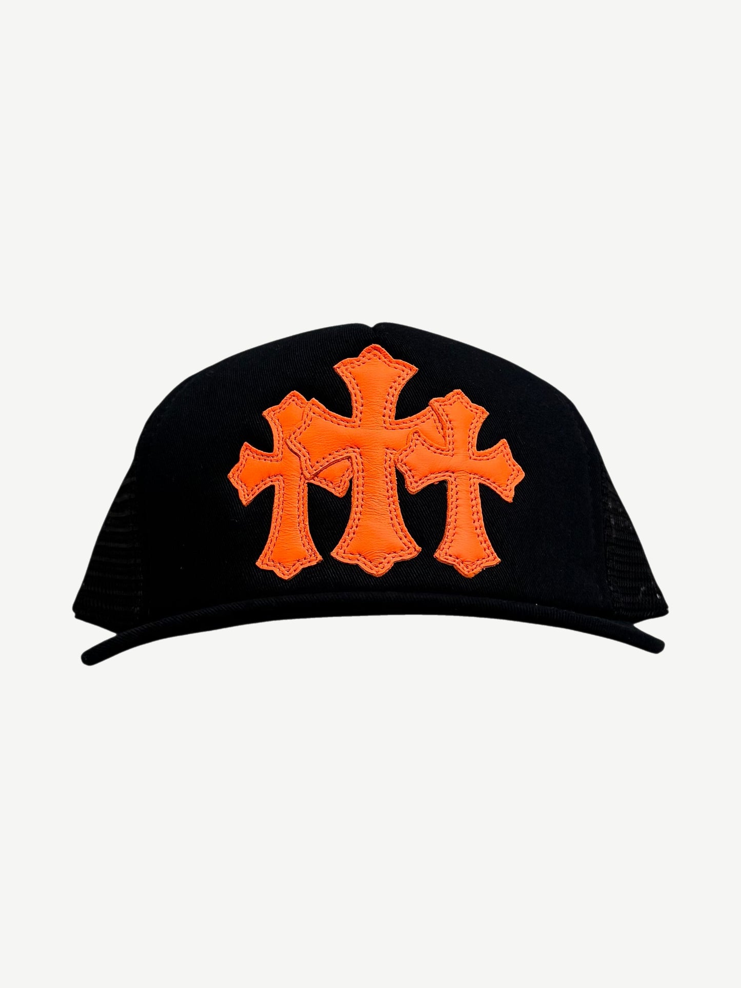 Chrome Hearts black St Barths Cemetery trucker hat with white embroidered cross logos and curved brim.
