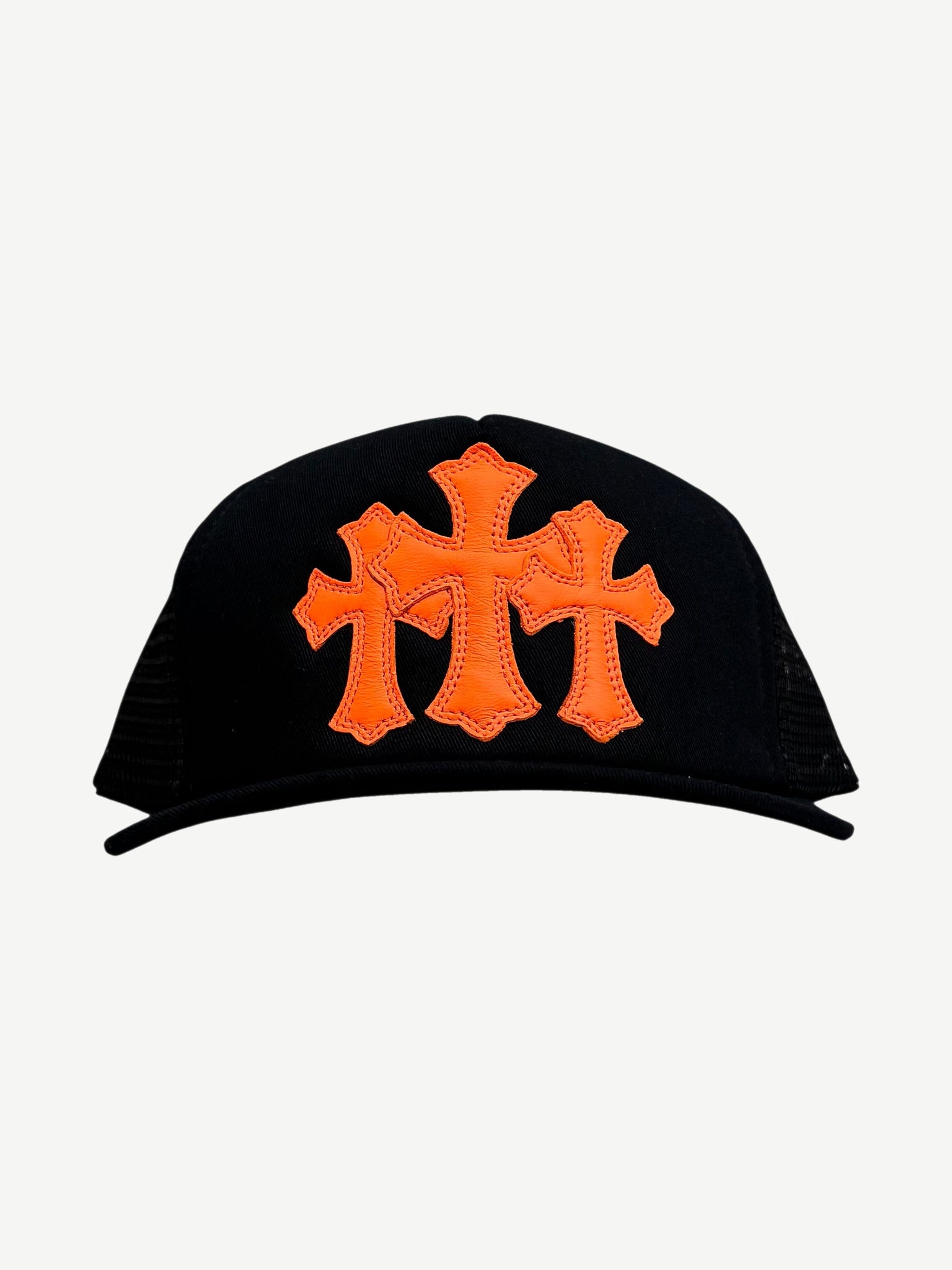 Chrome Hearts black St Barths Cemetery trucker hat with white embroidered cross logos and curved brim.