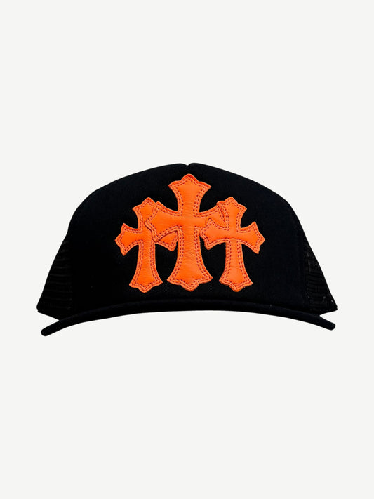 Chrome Hearts black St Barths Cemetery trucker hat with white embroidered cross logos and curved brim.