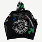 Chrome Hearts black stencil hoodie back with horseshoe logo, green clover patches and multicolored CH crosses