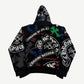 Chrome Hearts black hoodie with allover stencil print of CH crosses, scroll banners and red highlight accents