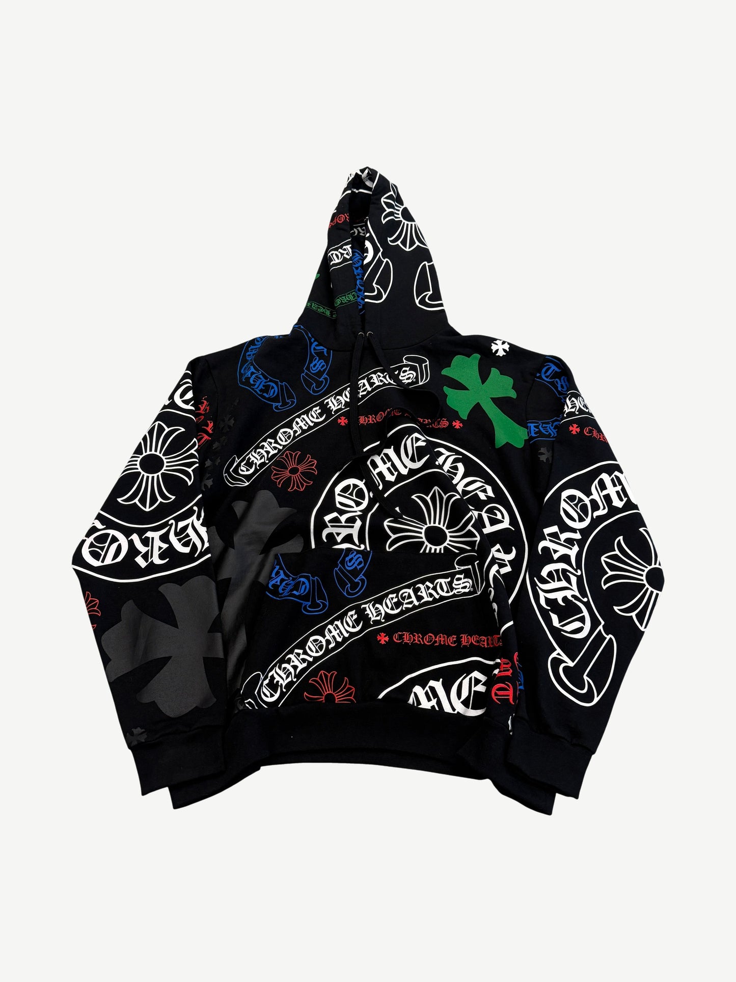 Chrome Hearts black hoodie with allover stencil print of CH crosses, scroll banners and red highlight accents