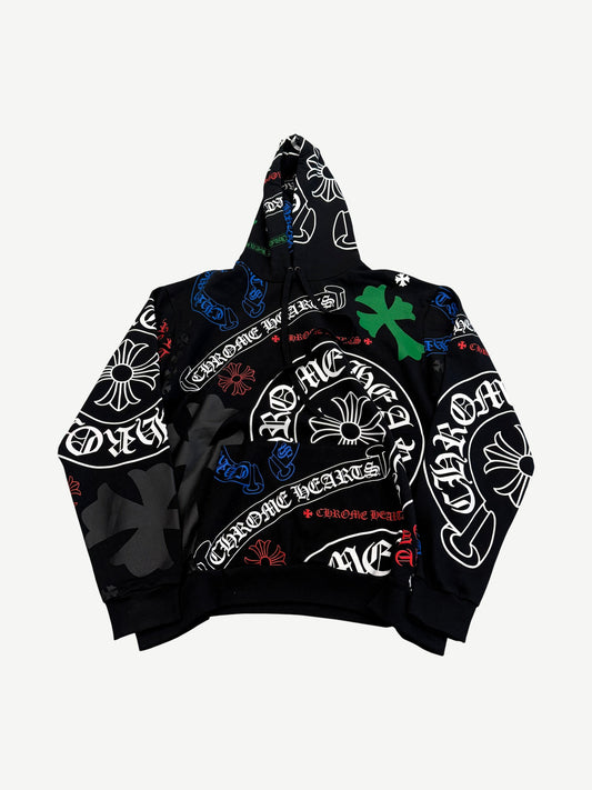 Chrome Hearts black hoodie with allover stencil print of CH crosses, scroll banners and red highlight accents