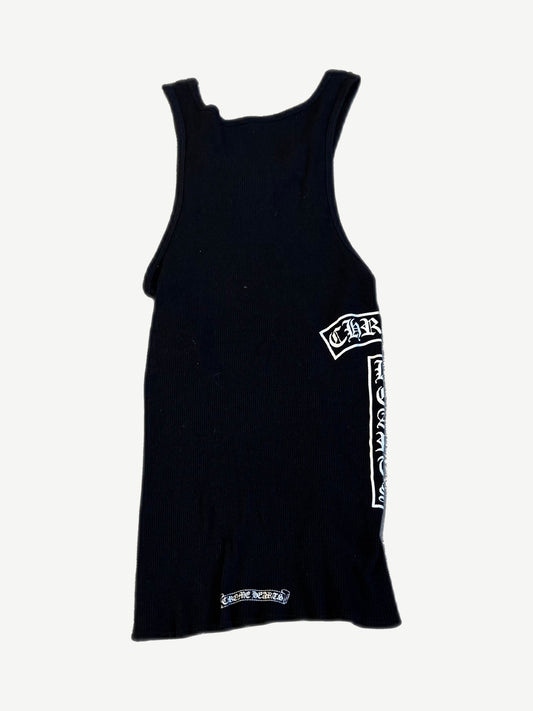 Chrome Hearts black rib tank back showing scroll banner Chrome Hearts logo at hem and white gothic side patches