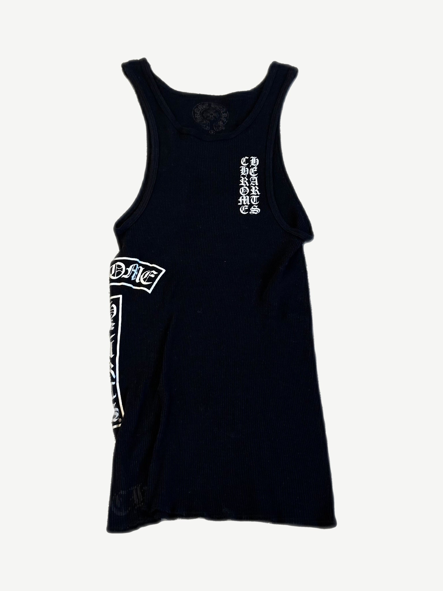Chrome Hearts black ribbed T-bar tank top with white gothic vertical Chrome Hearts text and side patches